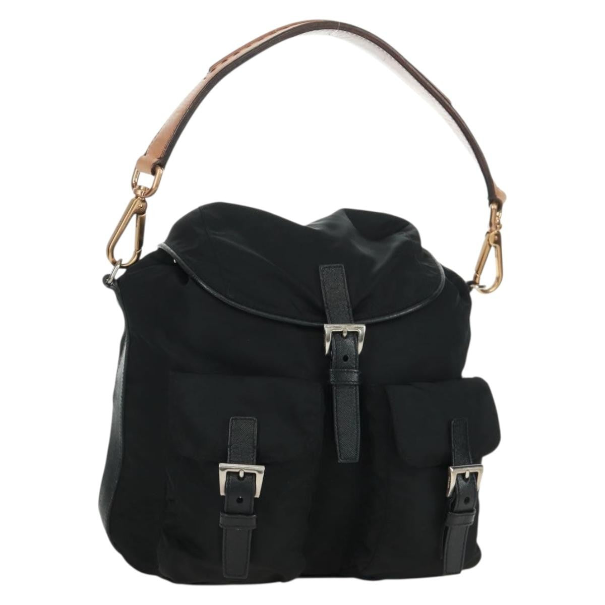 Prada Double Pocket Drawstring Shoulder Bag Tessuto, Black, Nylon, Shoulder Bag