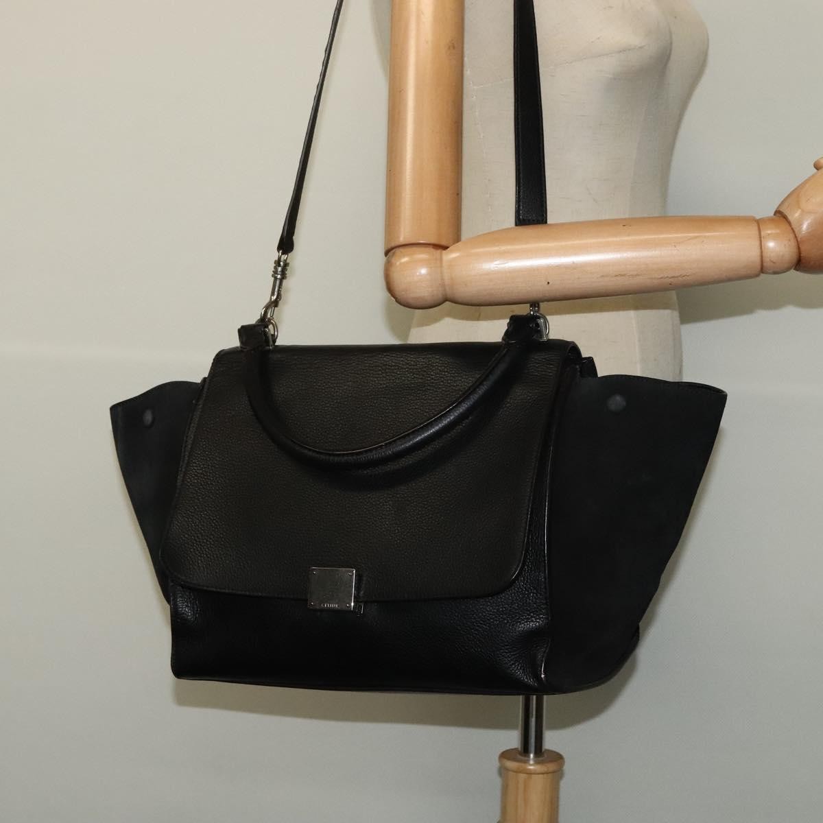 Celine Trapeze Bag Leather with Suede, BLACK, LEATHER, Handbag