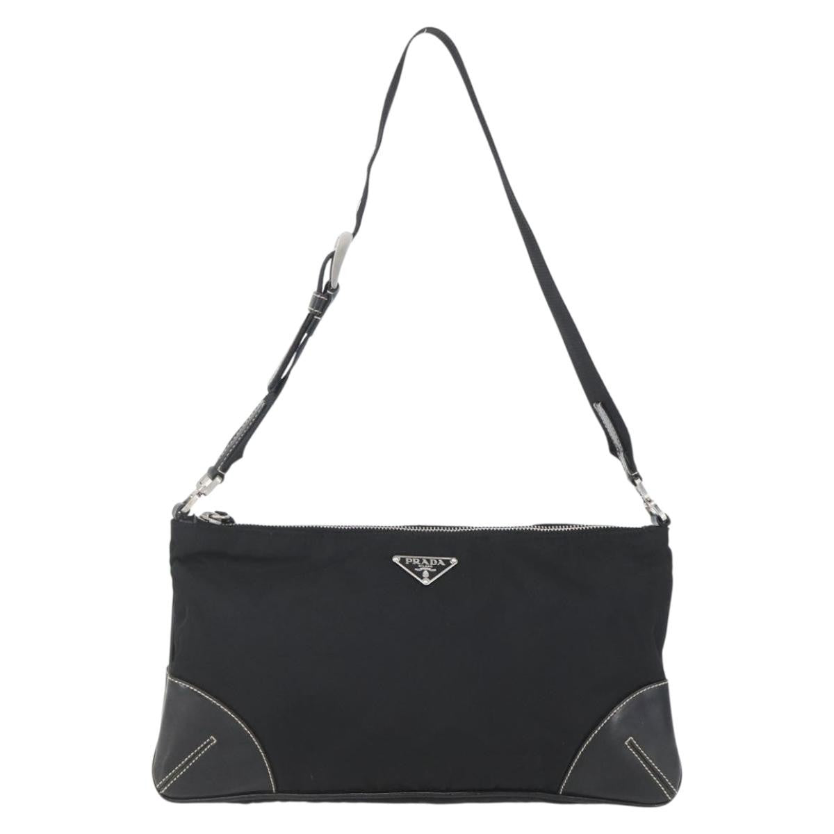 Prada Belted Shoulder Bag Tessuto with Leather, BLACK, NYLON, Shoulder bag