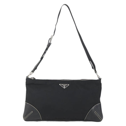 Prada Belted Shoulder Bag Tessuto with Leather, BLACK, NYLON, Shoulder bag