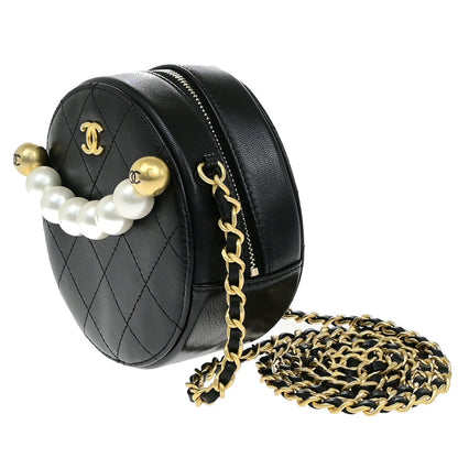 Chanel Chic Pearls Round Clutch with Chain Quilted Lambskin, BLACK, LEATHER, Shoulder bag