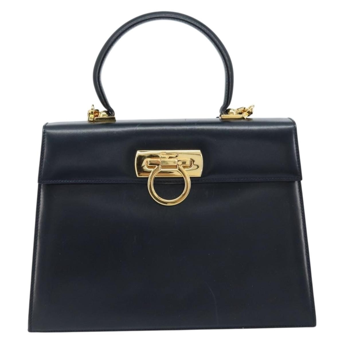 Salvatore Ferragamo Convertible Top Handle Bag Leather, NAVY, LEATHER, Handbag