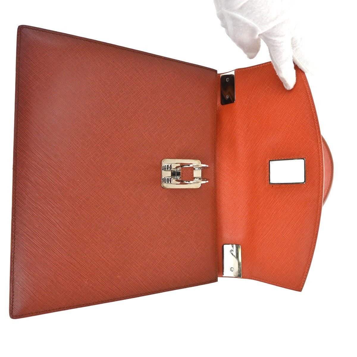 Salvatore Ferragamo Double Gancini Top Handle Bag Saffiano Leather, Brown, Leather, Handbag