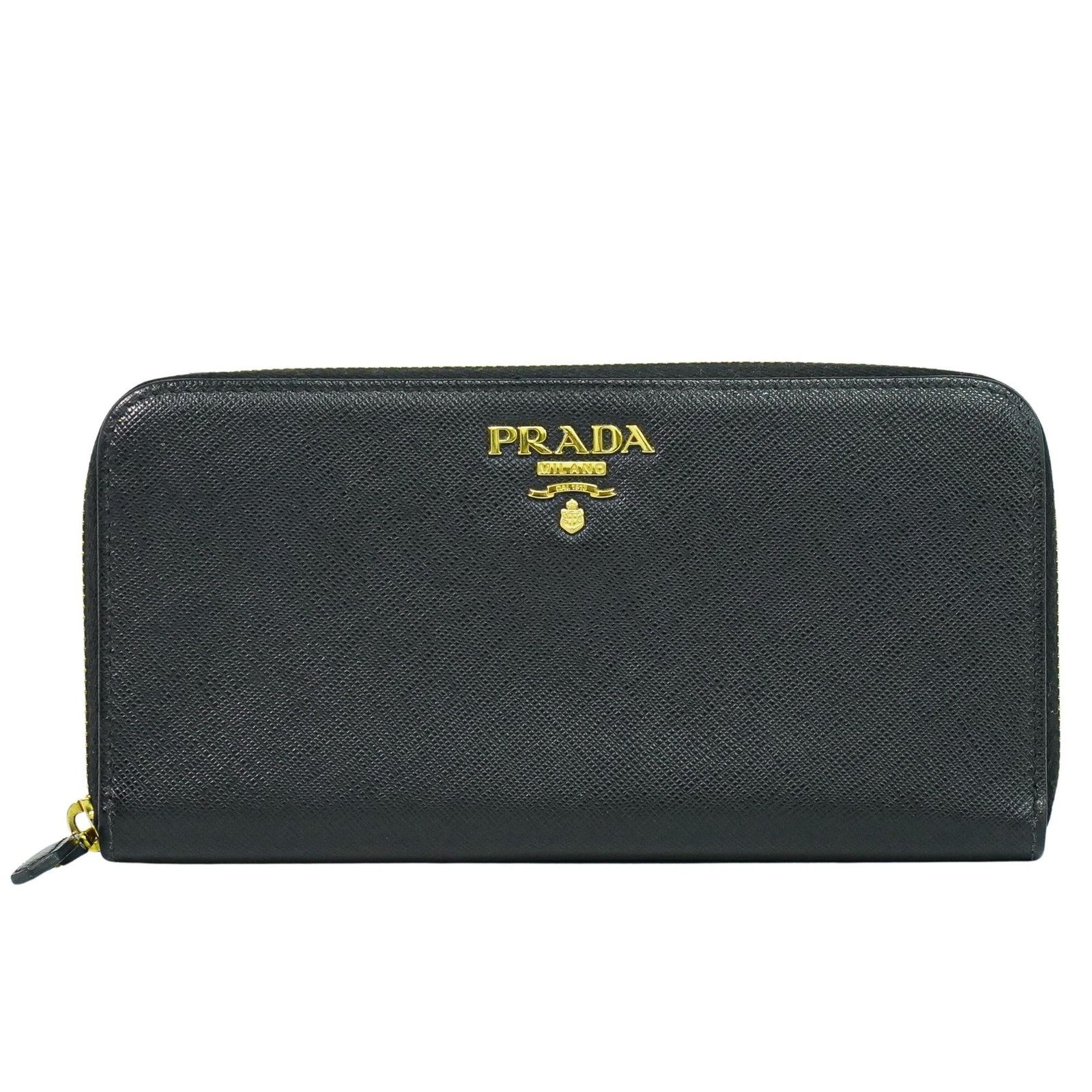 Prada Zip Around Tab Wallet Saffiano Leather, Black, Leather, Wallet