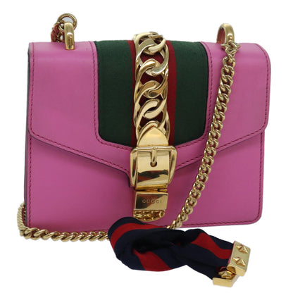 Gucci Sylvie Chain Shoulder Bag Leather, PINK, LEATHER, Shoulder bag