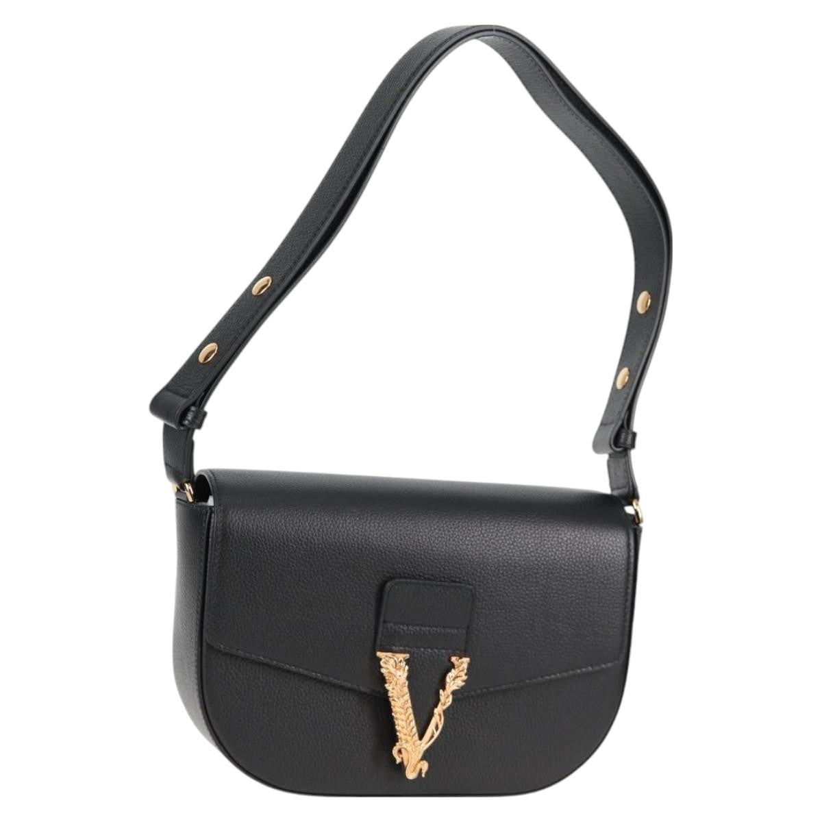 Versace Virtus Flap Messenger Bag Leather, BLACK, LEATHER, Crossbody bag