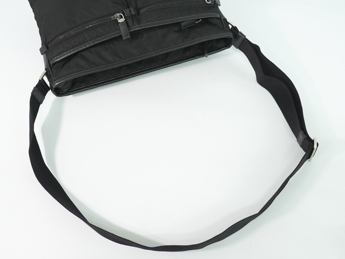 Prada Double Pocket Zip Messenger Tessuto, BLACK, NYLON, Shoulder bag