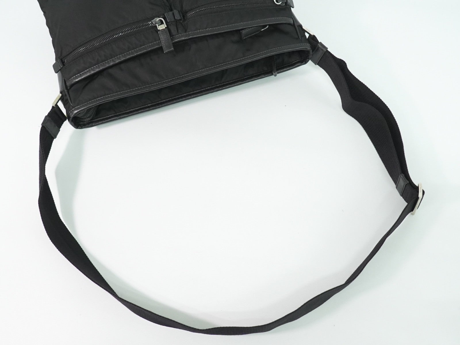 Prada Double Pocket Zip Messenger Tessuto, BLACK, NYLON, Shoulder bag
