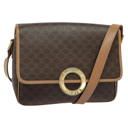 Celine Vintage Macadam Circle Logo Shoulder Bag Canvas and Leather, Brown, Canvas, Shoulder Bag