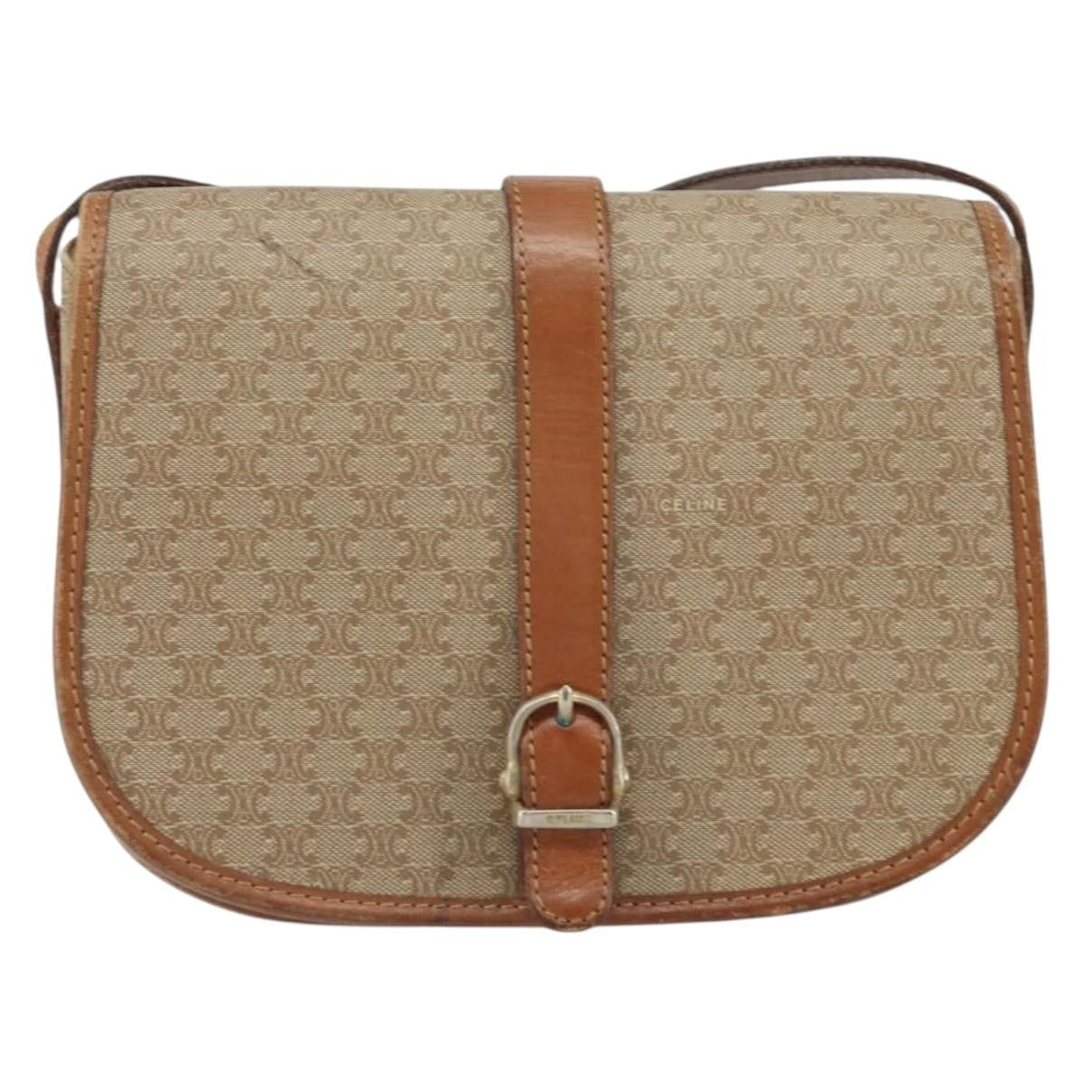Celine Vintage Macadam Shoulder Bag Canvas and Leather, BEIGE, CANVAS, Shoulder bag