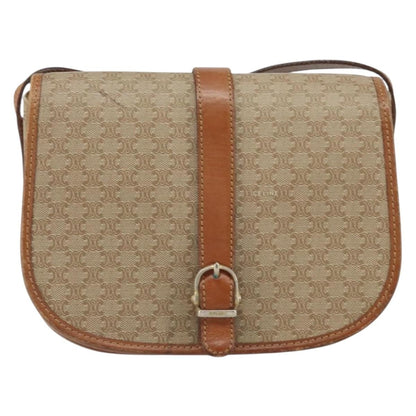 Celine Vintage Macadam Shoulder Bag Canvas and Leather, BEIGE, CANVAS, Shoulder bag