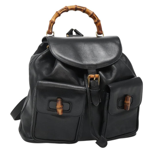 Gucci Vintage Bamboo Backpack Leather, BLACK, LEATHER, Backpack