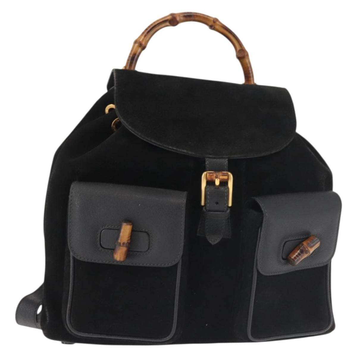Gucci Vintage Bamboo Backpack Suede, BLACK, SUEDE, Backpack