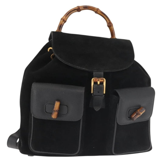 Gucci Vintage Bamboo Backpack Suede, BLACK, SUEDE, Backpack
