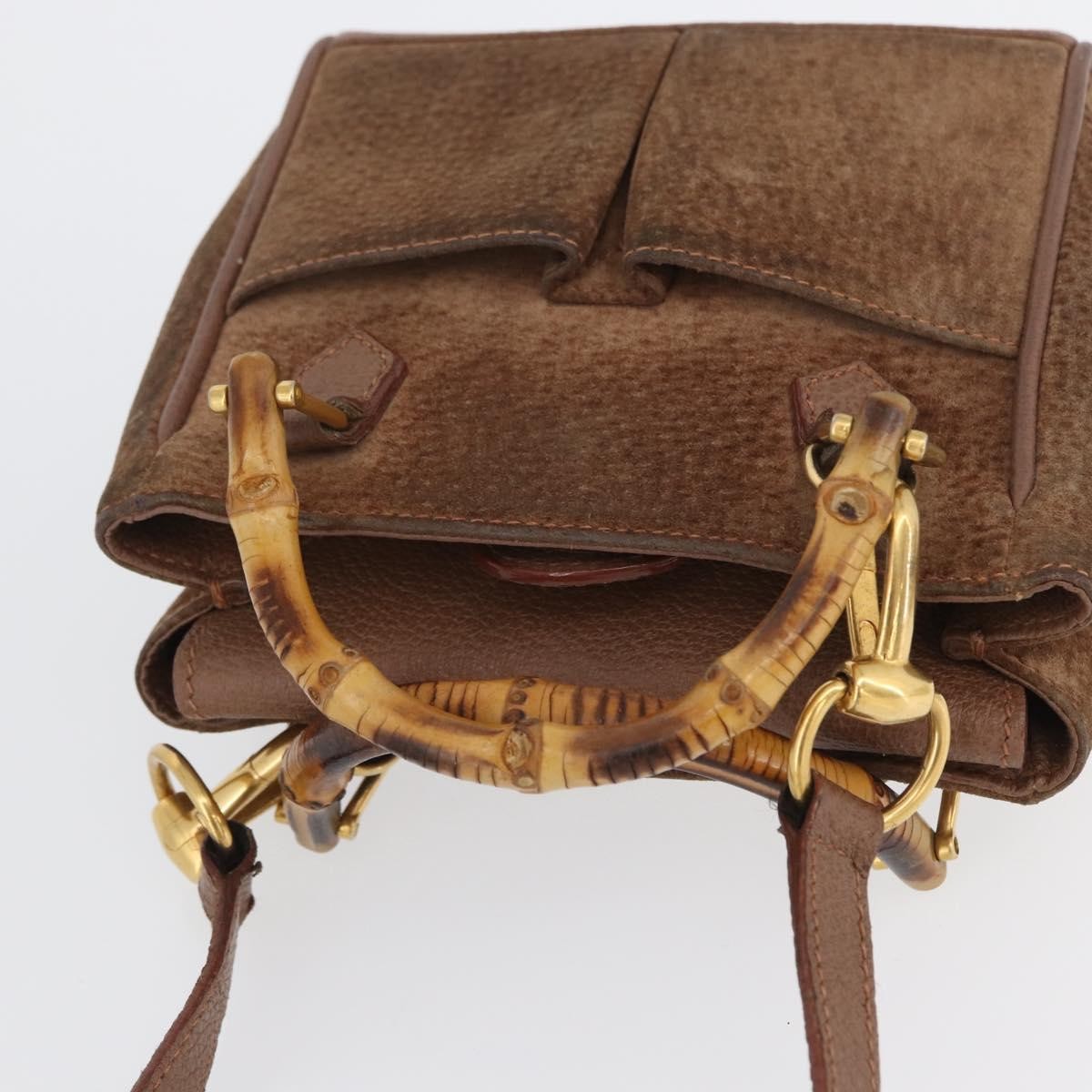 Gucci Vintage Bamboo Front Pocket Tote Suede, BROWN, SUEDE, Handbag