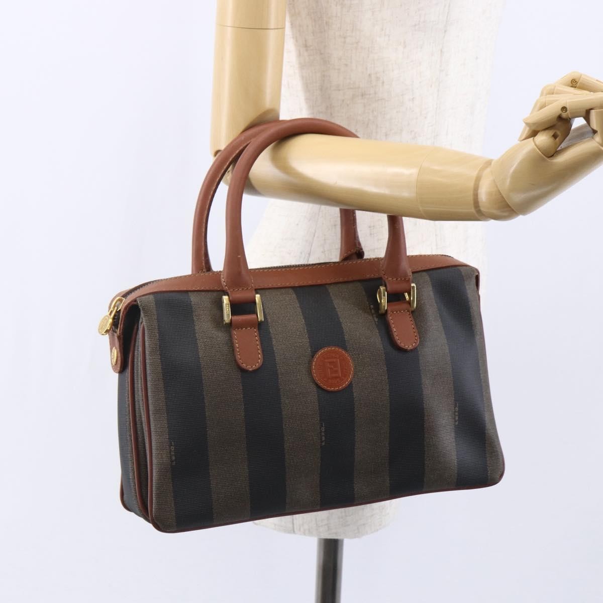 Fendi Vintage Pequin Convertible Boston Bag Coated Canvas, BROWN, CANVAS, Handbag