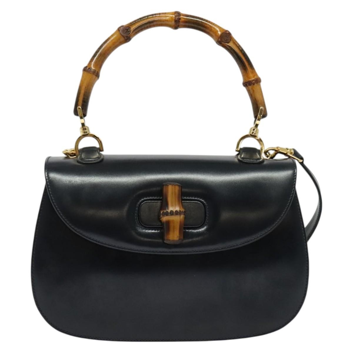 Gucci Vintage Convertible Bamboo Top Handle Bag Leather, NAVY, LEATHER, Handbag