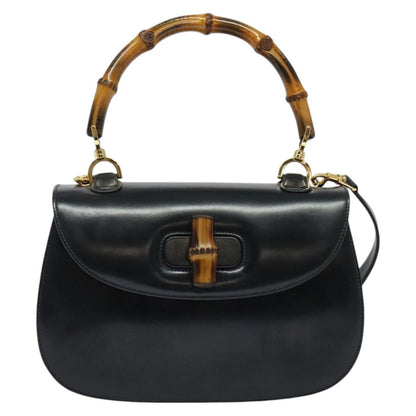 Gucci Vintage Convertible Bamboo Top Handle Bag Leather, NAVY, LEATHER, Handbag