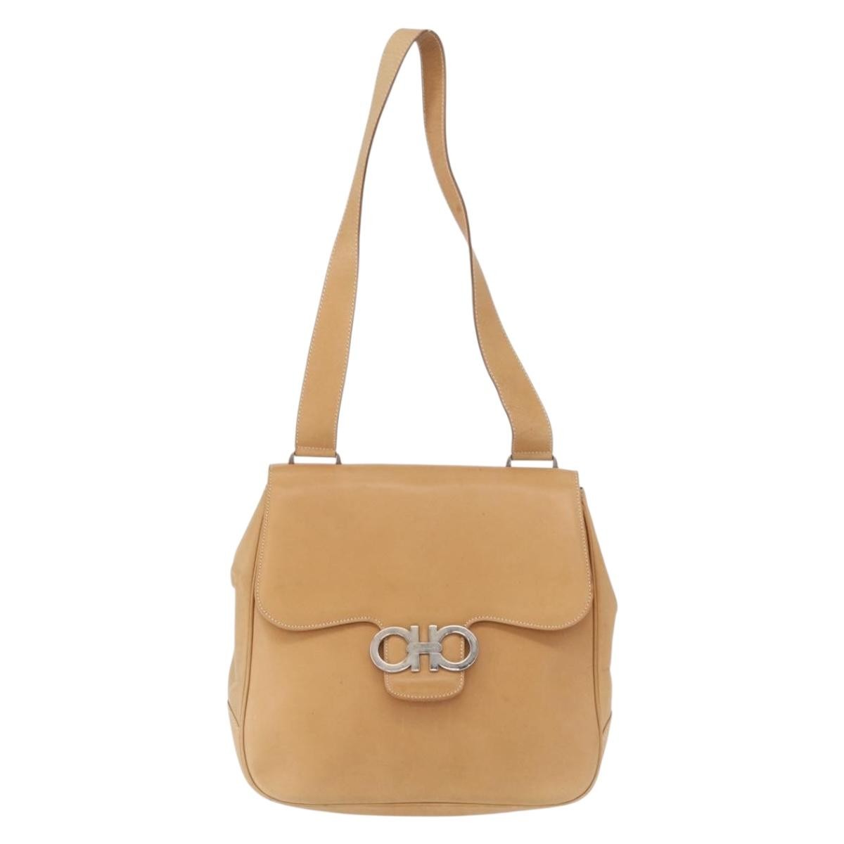 Salvatore Ferragamo Gancini Shoulder Bag Leather, BEIGE, LEATHER, Shoulder bag