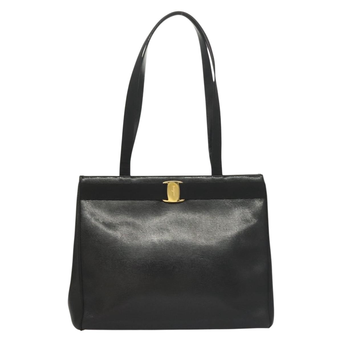 Salvatore Ferragamo Vintage Vara Bow Tote Lizard Embossed Leather, BLACK, LEATHER, Tote bag