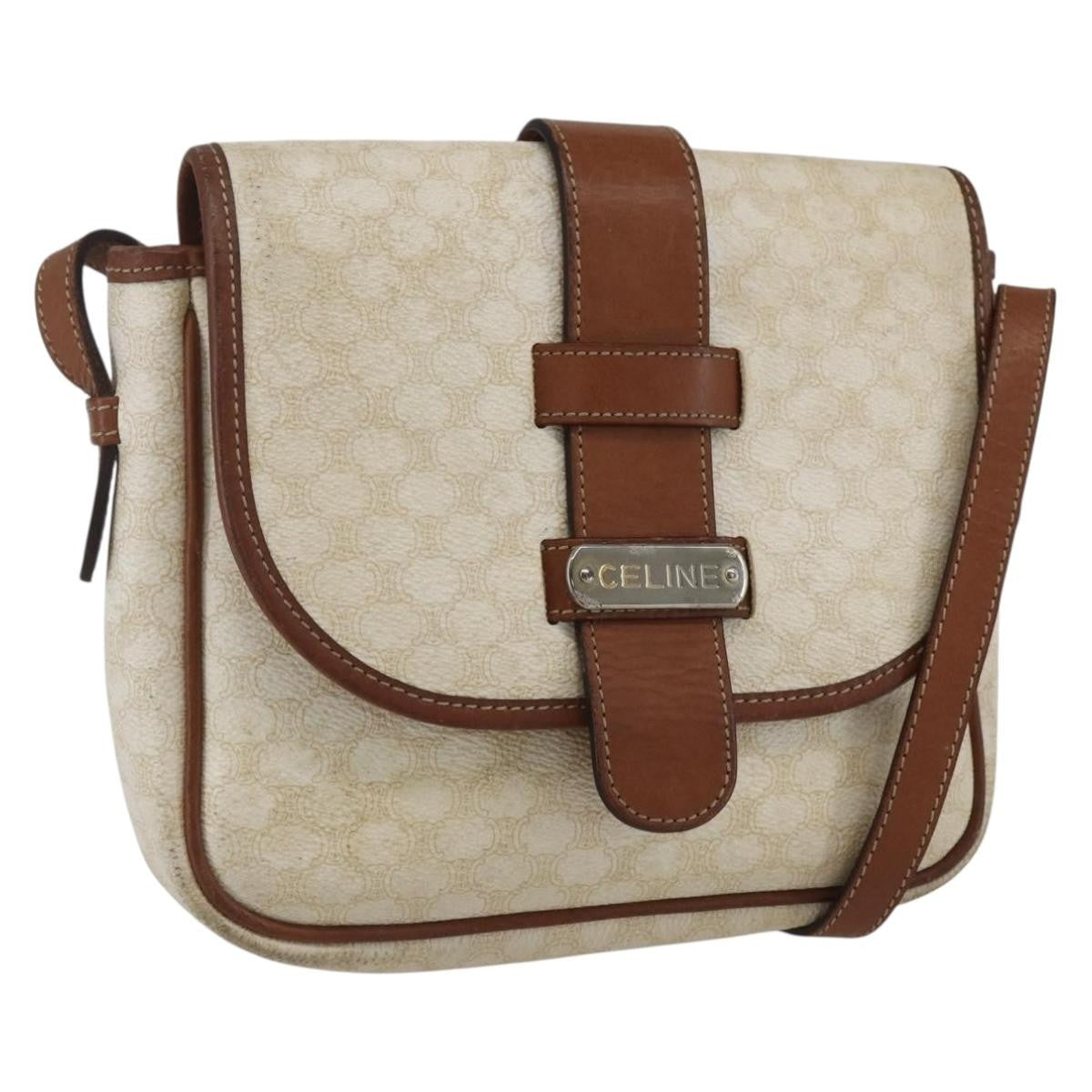 Celine Vintage Macadam Shoulder Bag Canvas and Leather, WHITE, CANVAS, Shoulder bag