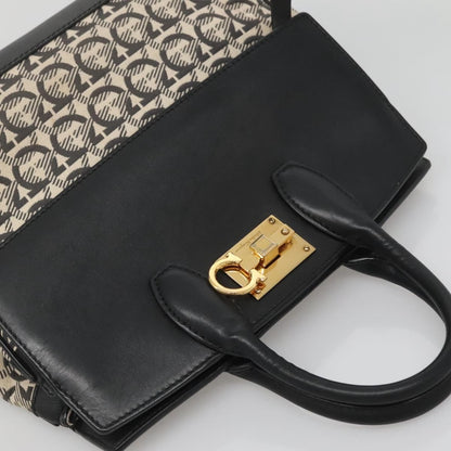 Salvatore Ferragamo Studio Satchel Gancini Jacquard and Leather, BLACK, CANVAS, Handbag