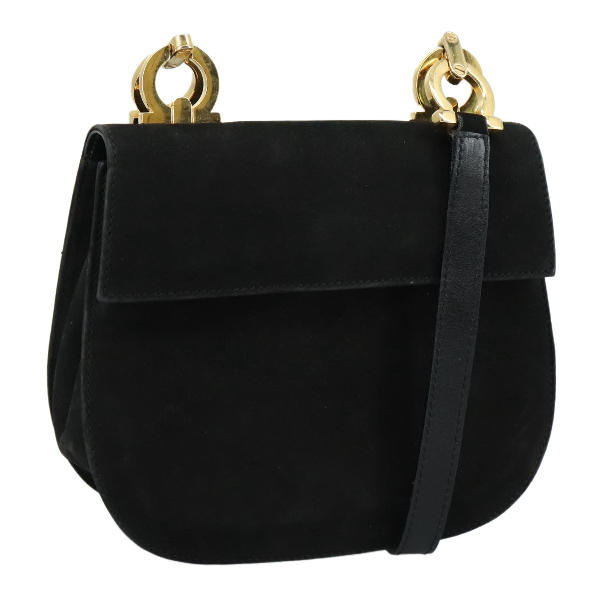 Salvatore Ferragamo Gancini Shoulder Bag Suede, BLACK, SUEDE, Shoulder bag