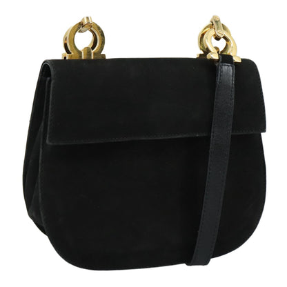 Salvatore Ferragamo Gancini Shoulder Bag Suede, BLACK, SUEDE, Shoulder bag