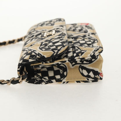 Chanel Flap Card Holder on Chain Quilted Printed Canvas, Beige, Satin, Clutch