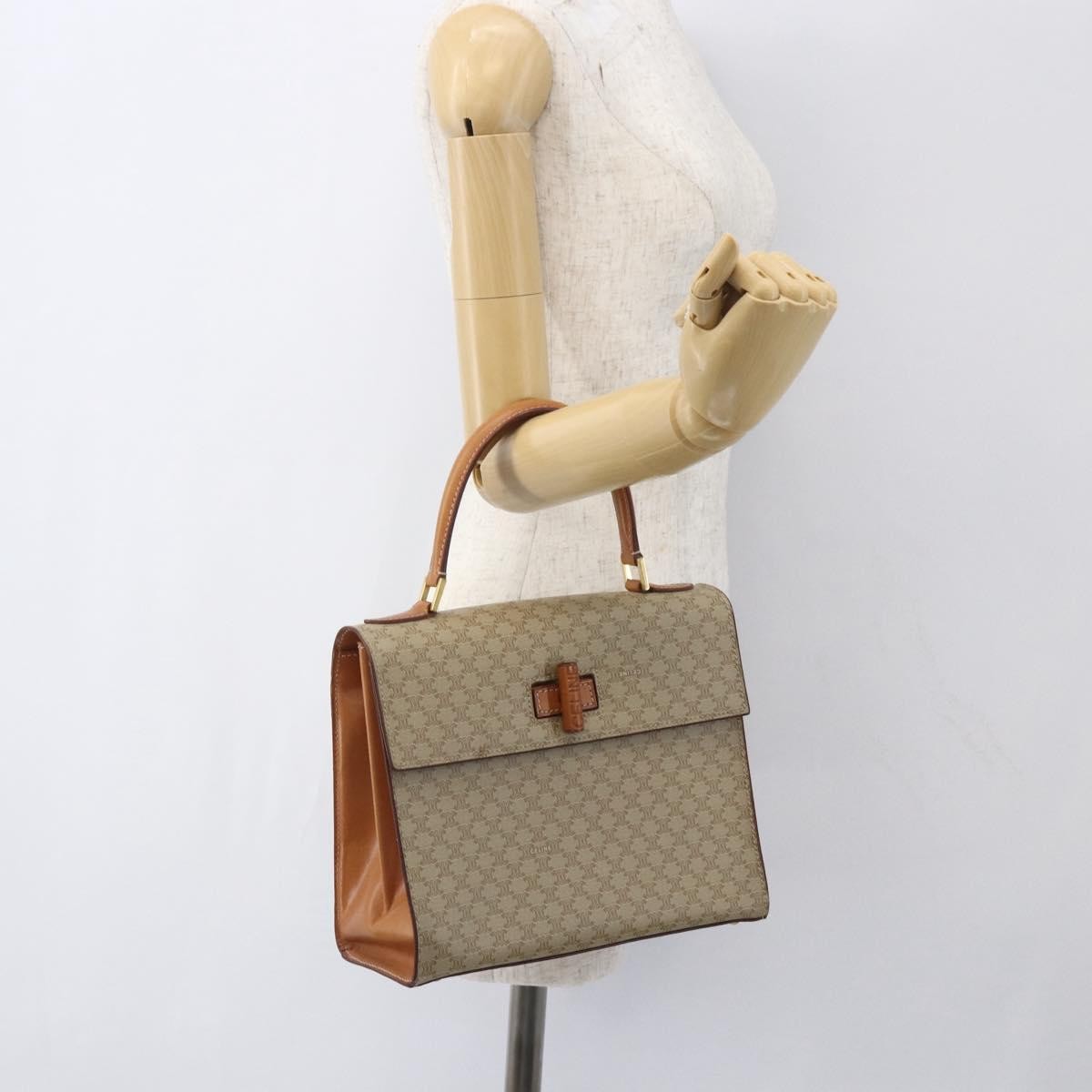 Celine Vintage Macadam Handbag Canvas and Leather, BEIGE, CANVAS, Handbag