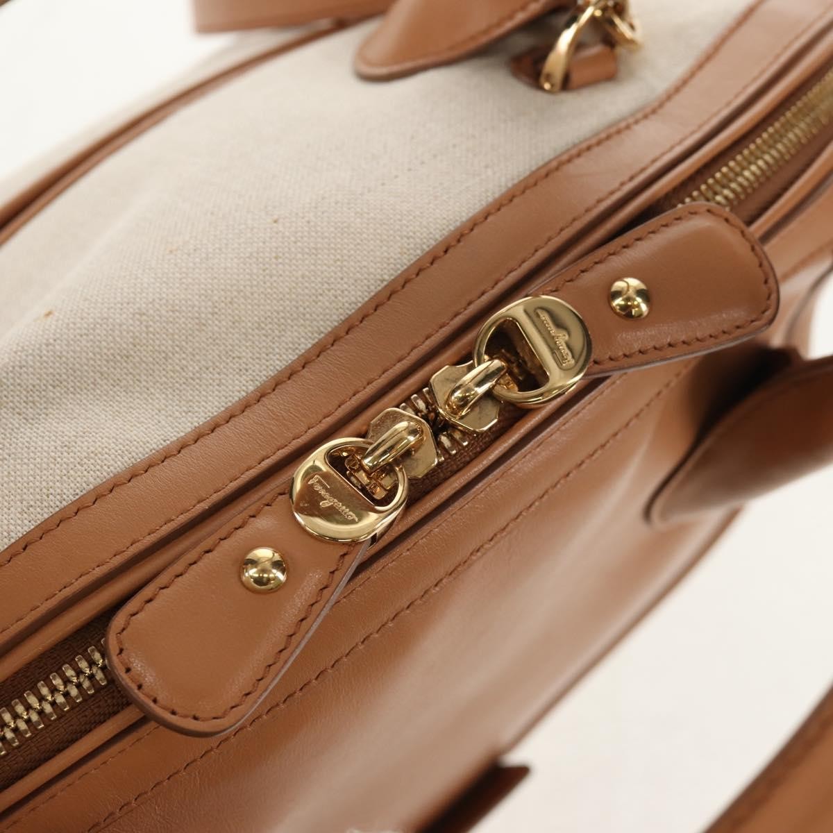 Salvatore Ferragamo Vintage Fiamma Satchel Canvas and Leather, BEIGE, CANVAS, Handbag