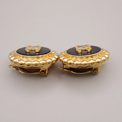 Chanel CC Round Earrings Metal, Black, Gold Plated, Earrings