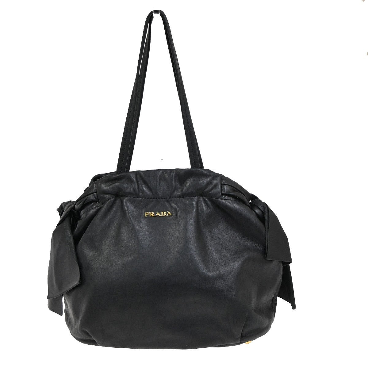 Prada Bow Tie Pleated Tote Leather, BLACK, LEATHER, Shoulder bag