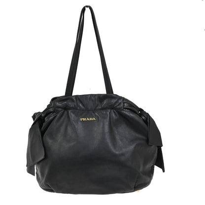 Prada Bow Tie Pleated Tote Leather, BLACK, LEATHER, Shoulder bag