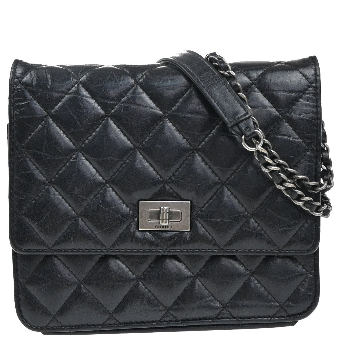 Chanel So Black Reissue 2.55 Wallet on Chain Quilted Aged Calfskin, BLACK, LEATHER, Shoulder bag