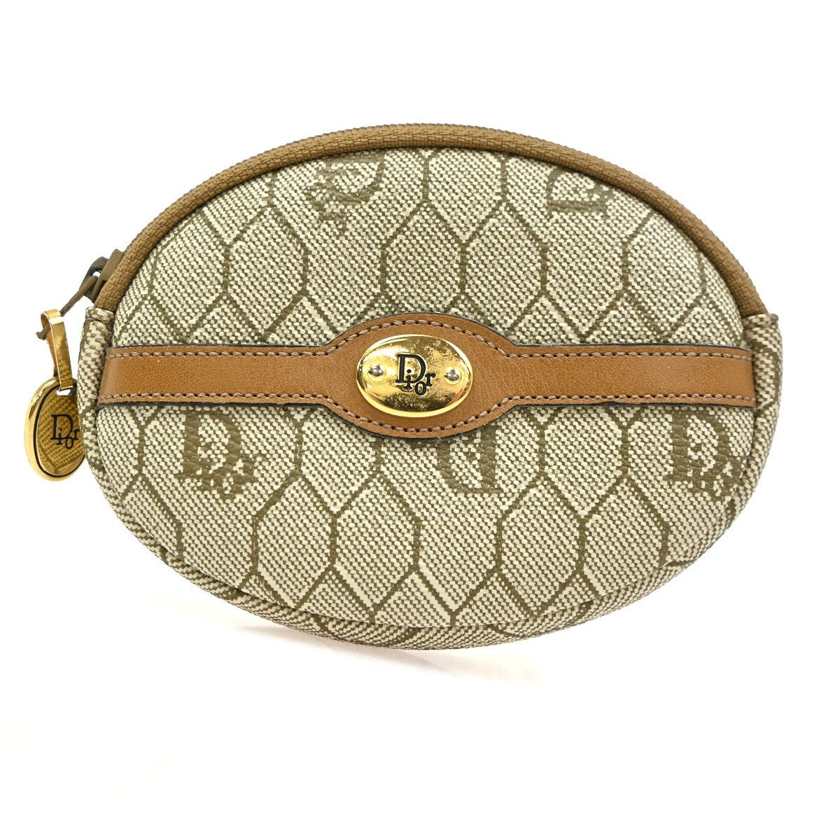 Christian Dior Honeycomb Zip Coin Purse Canvas and Leather, Beige, Canvas, Wallet