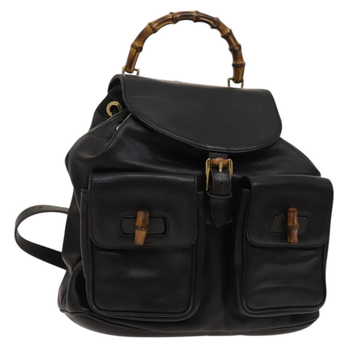 Gucci Vintage Bamboo Backpack Leather, Black, Leather, Backpack