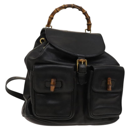 Gucci Vintage Bamboo Backpack Leather, Black, Leather, Backpack
