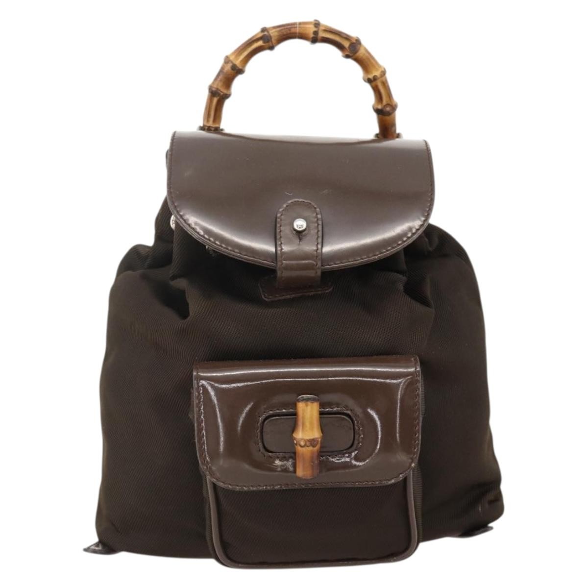 Gucci Vintage Bamboo Backpack Nylon and Patent Leather, Brown, Nylon, Backpack