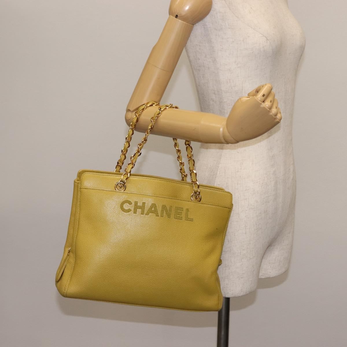Chanel Vintage Logo Chain Shoulder Bag Caviar, YELLOW, LEATHER, Shoulder bag