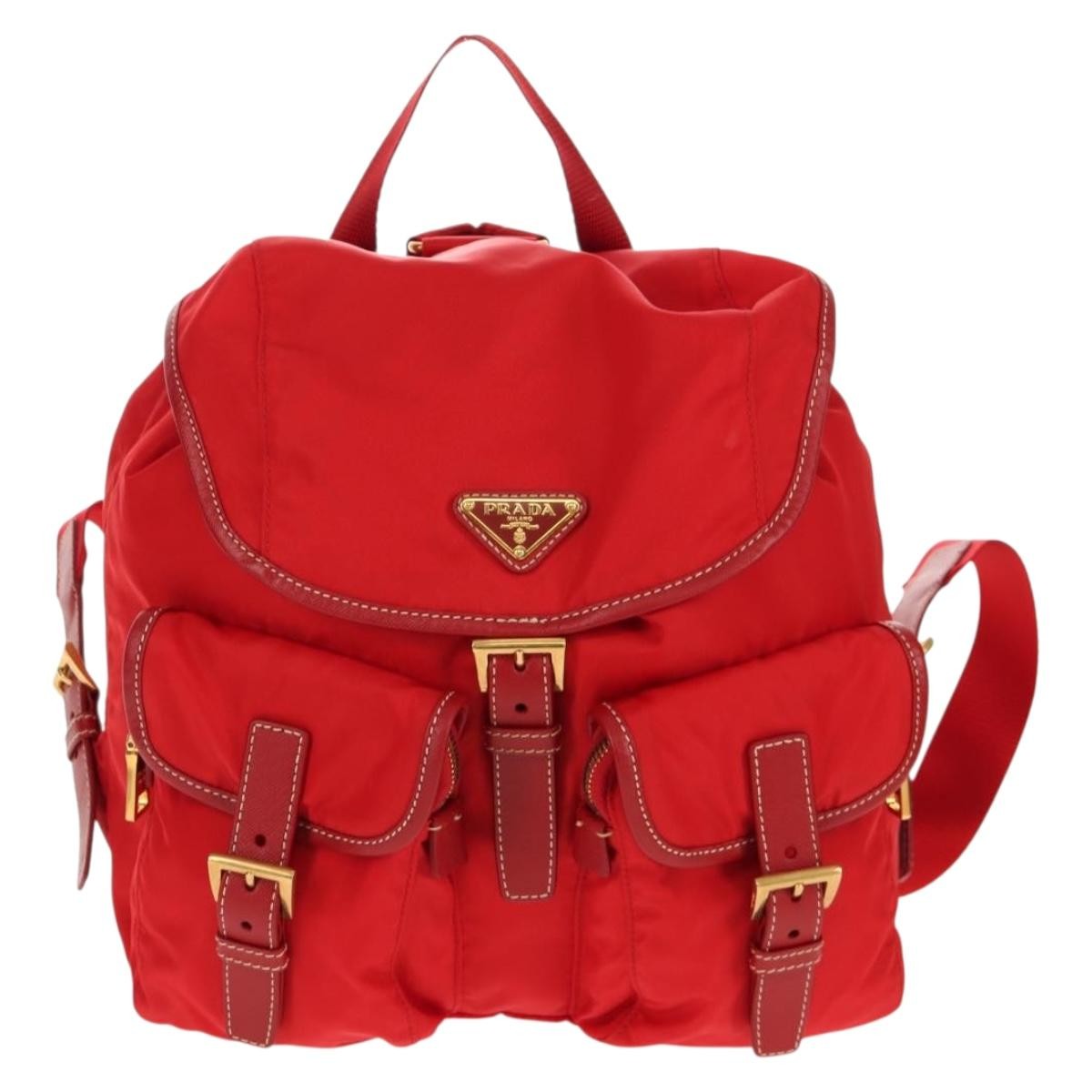 Prada Vela Double Front Pocket Backpack Tessuto with Saffiano Leather, Red, Nylon, Backpack