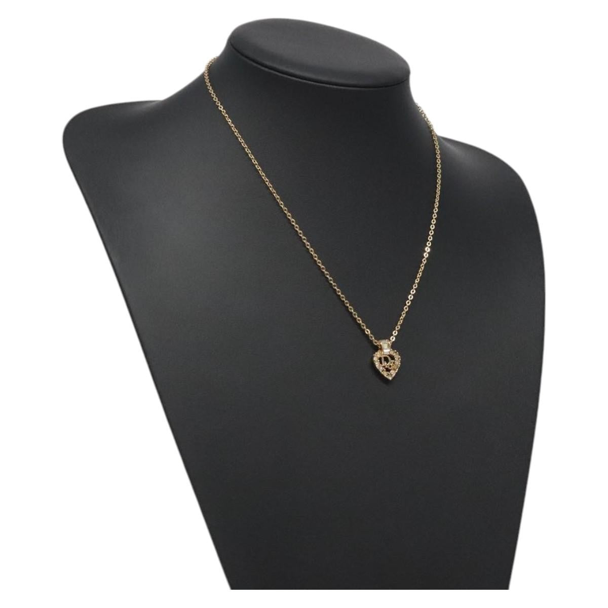 Christian Dior Vintage CD Heart Pendant Necklace Metal with Crystals, GOLD, METAL, Necklace