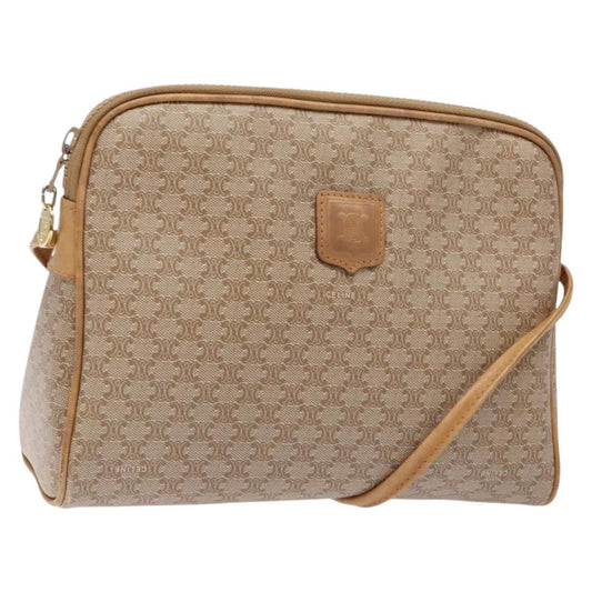 Celine Vintage Macadam Shoulder Bag Canvas and Leather, BEIGE, CANVAS, Shoulder bag
