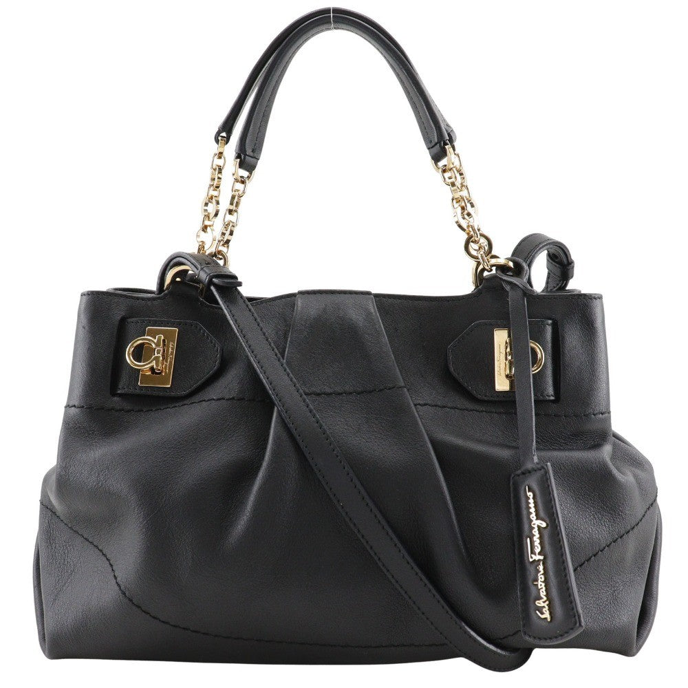 Salvatore Ferragamo W Chain Tote Leather, BLACK, LEATHER, Tote bag