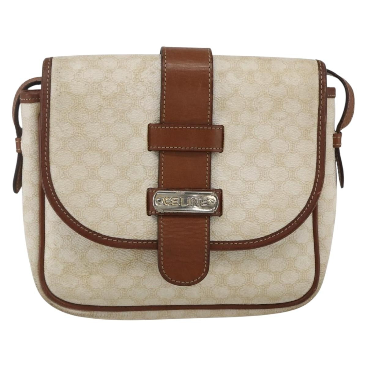 Celine Vintage Macadam Shoulder Bag Canvas and Leather, WHITE, CANVAS, Shoulder bag