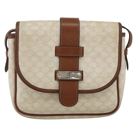 Celine Vintage Macadam Shoulder Bag Canvas and Leather, WHITE, CANVAS, Shoulder bag