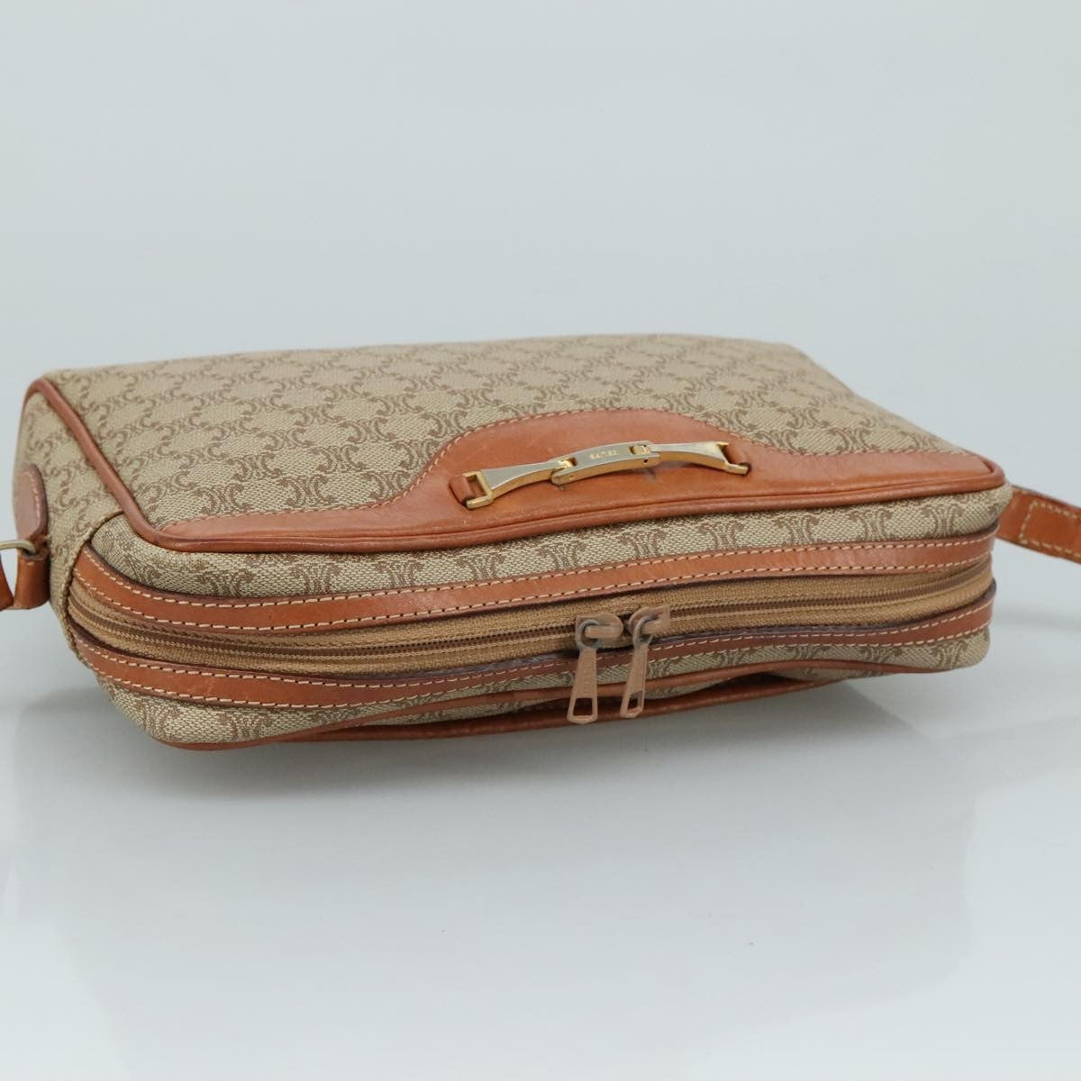 Celine Vintage Macadam Shoulder Bag Canvas and Leather, Beige, Canvas, Shoulder Bag