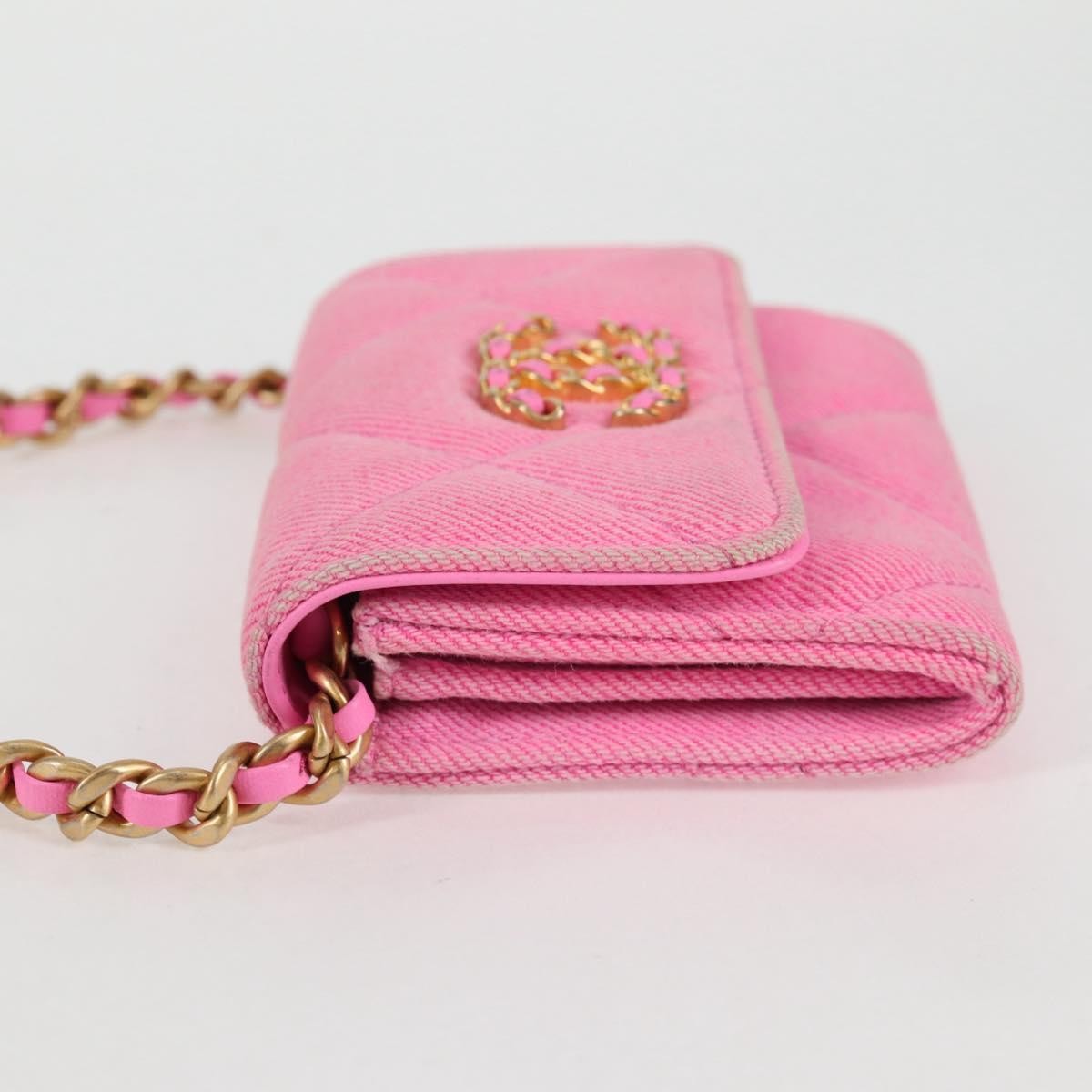 Chanel 19 Flap Coin Purse With Chain Quilted Denim, PINK, CANVAS, Wallets