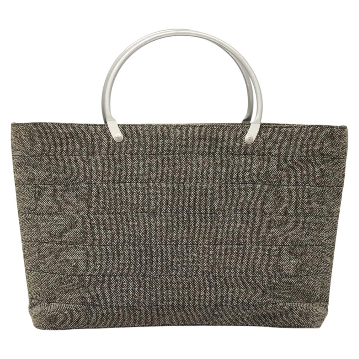 Chanel Vintage Chocolate Bar Metal Ring Tote Quilted Canvas, GRAY, CANVAS, Handbag