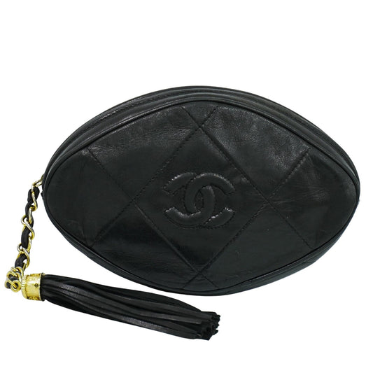 Chanel Vintage Diamond CC Tassel Clutch Quilted Lambskin, BLACK, LEATHER, Clutche & pouche